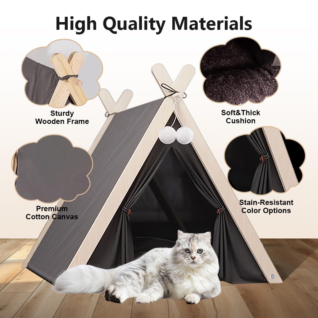 Qpets Dog House Cat Bed for Small Pets 23×21.6×24.8 in with Pine Poles and Cushion | Indoor Outdoor Use