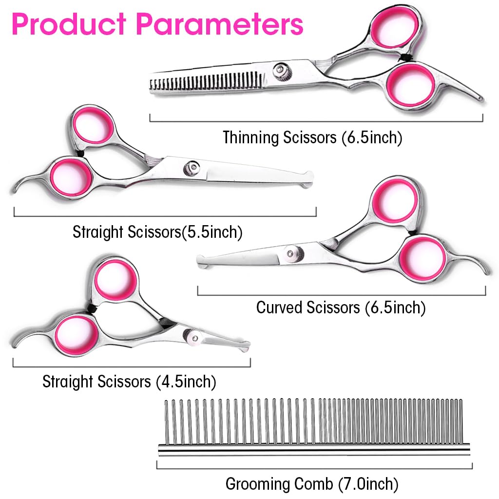 Dog Grooming Kit 5 Pack, Stainless Steel Dog Trimmer Kit, Pet Grooming Scissors Set with Grooming Comb, Cutting Scissors Thinning Shear Curved Scissors, Grooming Hair for Small Large Dog Cat