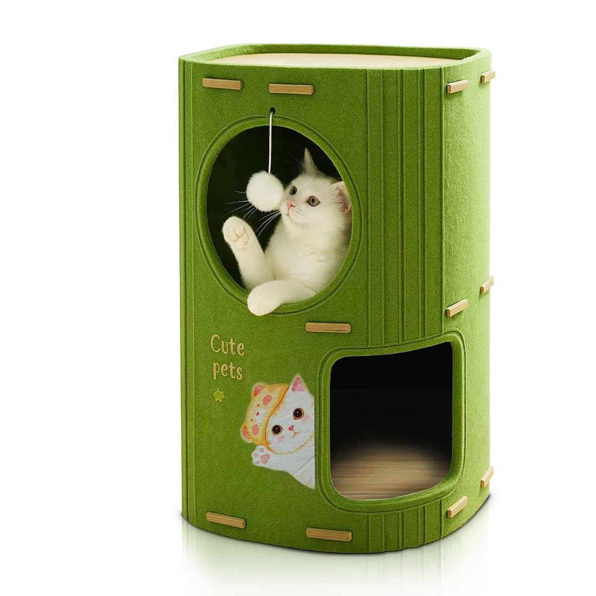 Qpets Cat Hideout for Indoor Cats with Dual Entrances and Hanging Toy | 2-Story Felt House