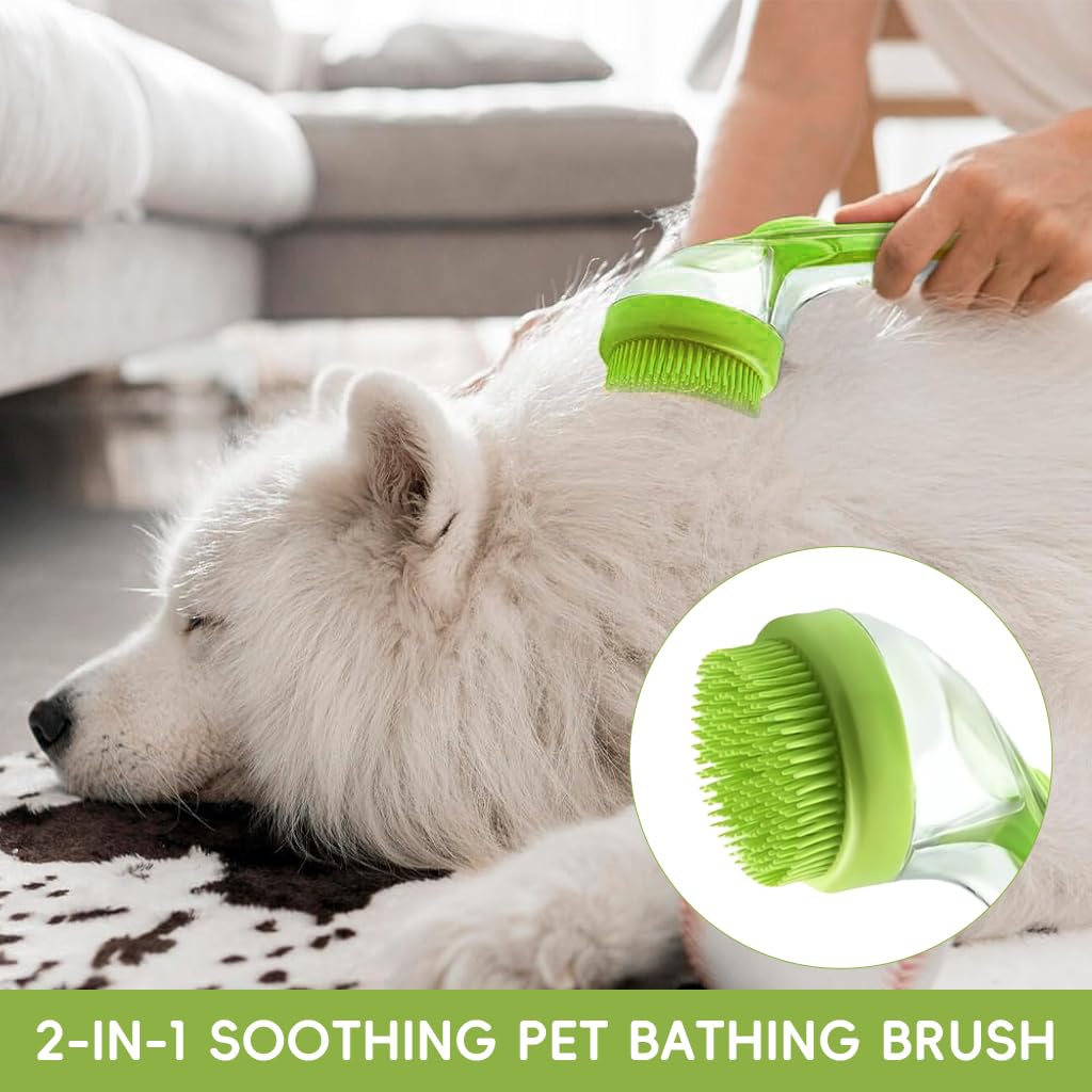 Qpets Pet Bath Brush for Dogs with Built In Soap Dispenser and Soft Silicone Bristles