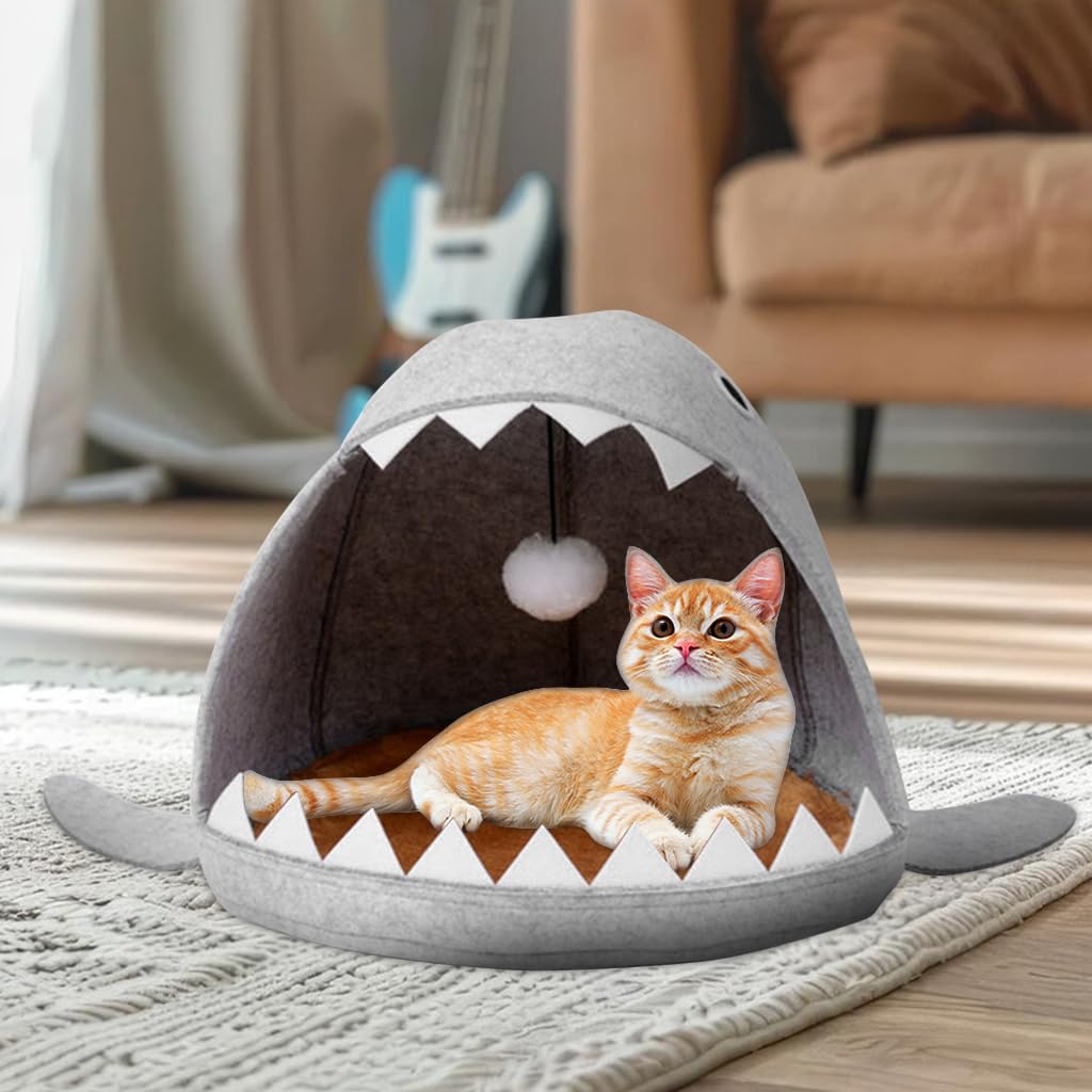 Qpets Cat Bed for All Season Comfort featuring Shark Mouth Design and Washable Cushion | Plush Felt Nest with Hanging Toy