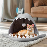 Qpets Cat Bed for All Season Comfort featuring Shark Mouth Design and Washable Cushion | Plush Felt Nest with Hanging Toy