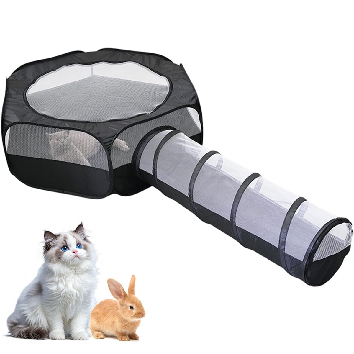 Qpets Cat Playpen for Indoor and Outdoor Use with 100cm Tunnel and 120cm Mesh Roof | Collapsible Ventilated Design