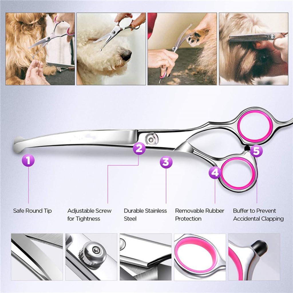 Dog Grooming Kit 5 Pack, Stainless Steel Dog Trimmer Kit, Pet Grooming Scissors Set with Grooming Comb, Cutting Scissors Thinning Shear Curved Scissors, Grooming Hair for Small Large Dog Cat