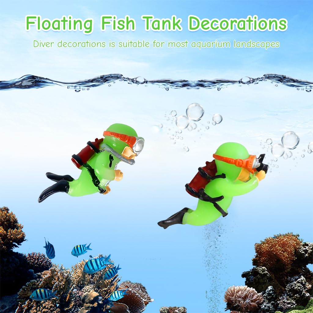 Qpets Aquarium Floating Cartoon Diver Decorations for Fish Tanks with Night Glow Resin 3×7cm | Adjustable Floating Design