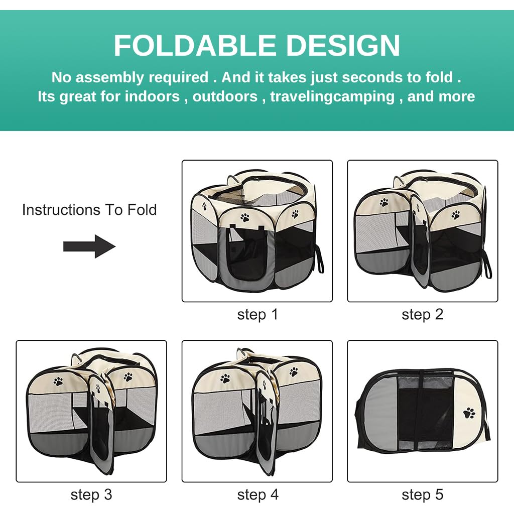 Qpets Foldable Pet Playpen for Cats and Dogs with Mesh Windows and Zipper Door 114×114×58cm