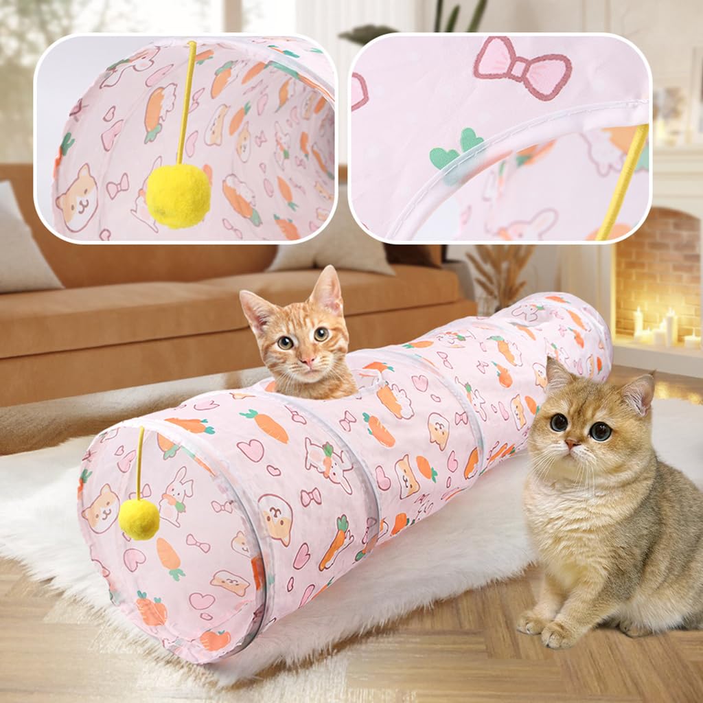 Qpets Cat Play Tunnel Toy with Multi Open Holes and Hanging Plush Ball | 25cm Dia 110cm Long Collapsible Polyester Tube