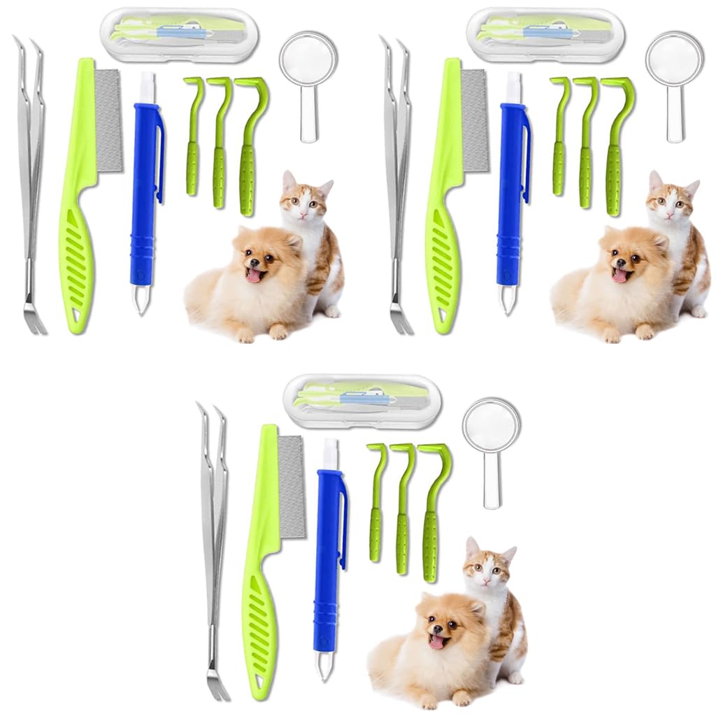 Qpets Dog Tick Flea Remover Kit with 7 Grooming Tools and Stainless Steel Tweezers for Pets