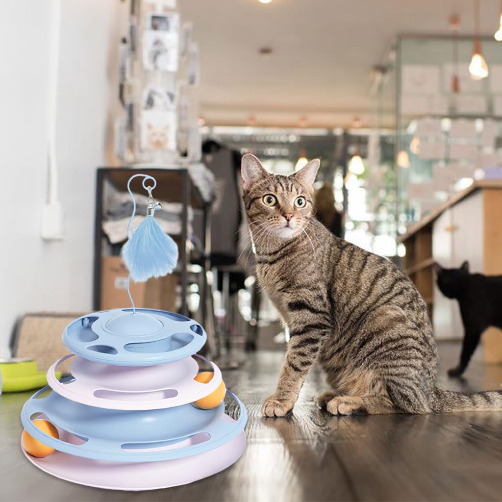 Cat Turntable Toy, 3 in 1 Cat Interactive Toys-Cat Teaser Stick, Double Track Turntable Ball, Detachable Snack Dispenser, PP Material Cat Amusement Plate Puzzle Pet Cat Toy