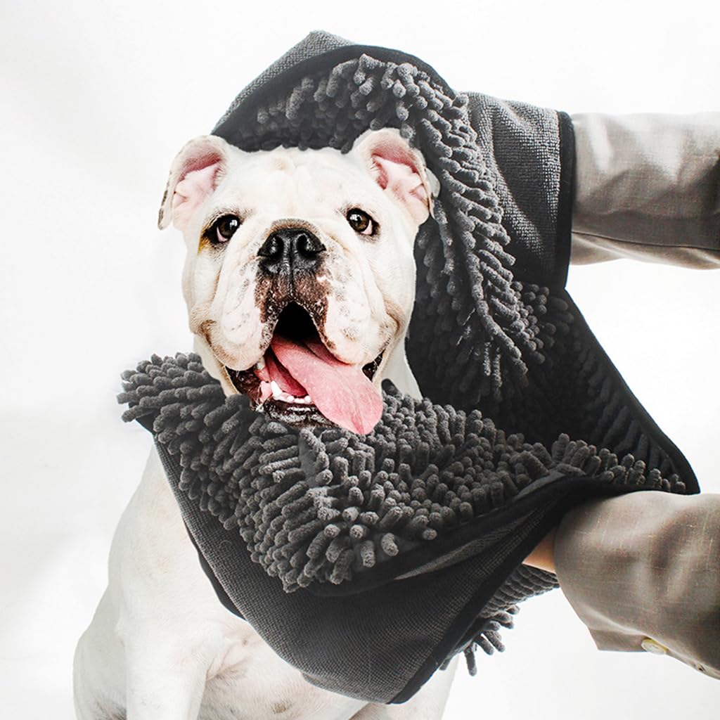 Qpets Dog Bath Towel for Quick Drying Pets with Pockets featuring Microfiber Chenille 80×35cm