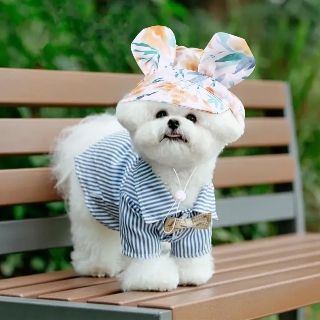 Qpets Small Dog Sun Visor Hat with Adjustable Chin Strap featuring Bunny Ears and Green Floral Polyester Design