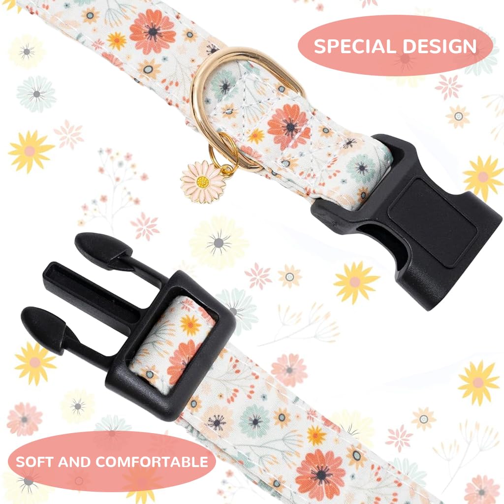 Qpets Floral Dog Collar for Small to Medium Dogs featuring Daisy Pendant Charm and Metal D Ring | Adjustable 32–50cm Soft Fabric