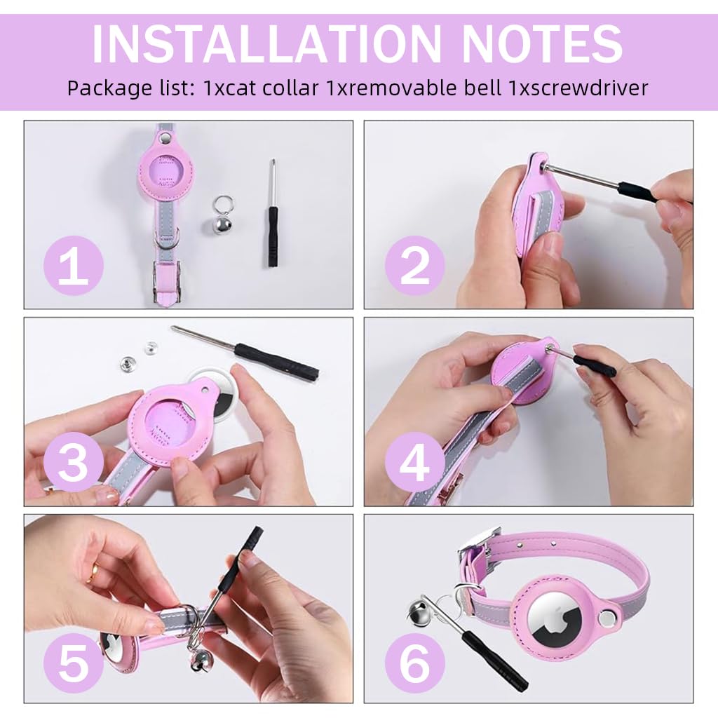 Qpets Airtag Compatible Cat Collar for 9.3–12 in Necks with Reflective Safety Design | Purple PU Adjustable Anti Lost Holder