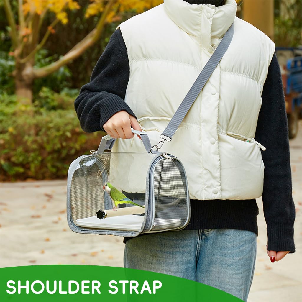 Qpets Parrot Carrier Bag for Travel with Ventilated Mesh and Transparent Window | PC and Nylon Pet Transport with Tray and Perch Stick