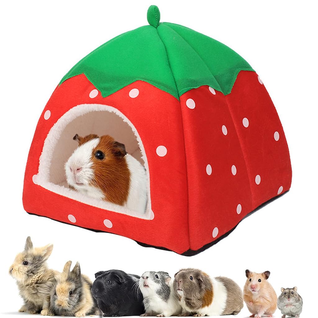 Qpets Pet Bed for Small Animals featuring Strawberry Roof Design and 26×26×24 cm Plush House | Cozy Hideout for Hamster Ferret Bunny and Guinea Pig