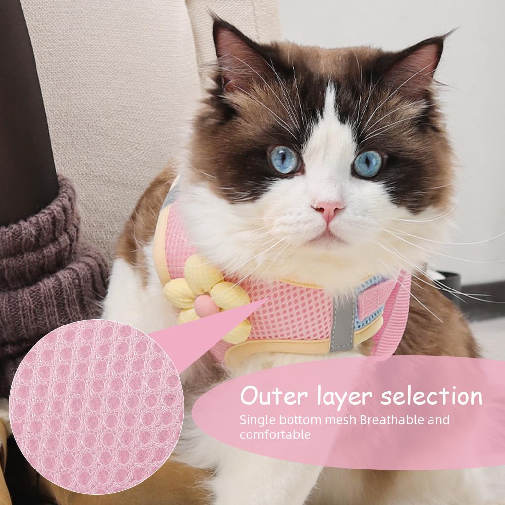 Qpets Cat Vest Harness for Outdoor Walking with 1.5m Leash and 360° Swivel Hook | Breathable Mesh Pink Design