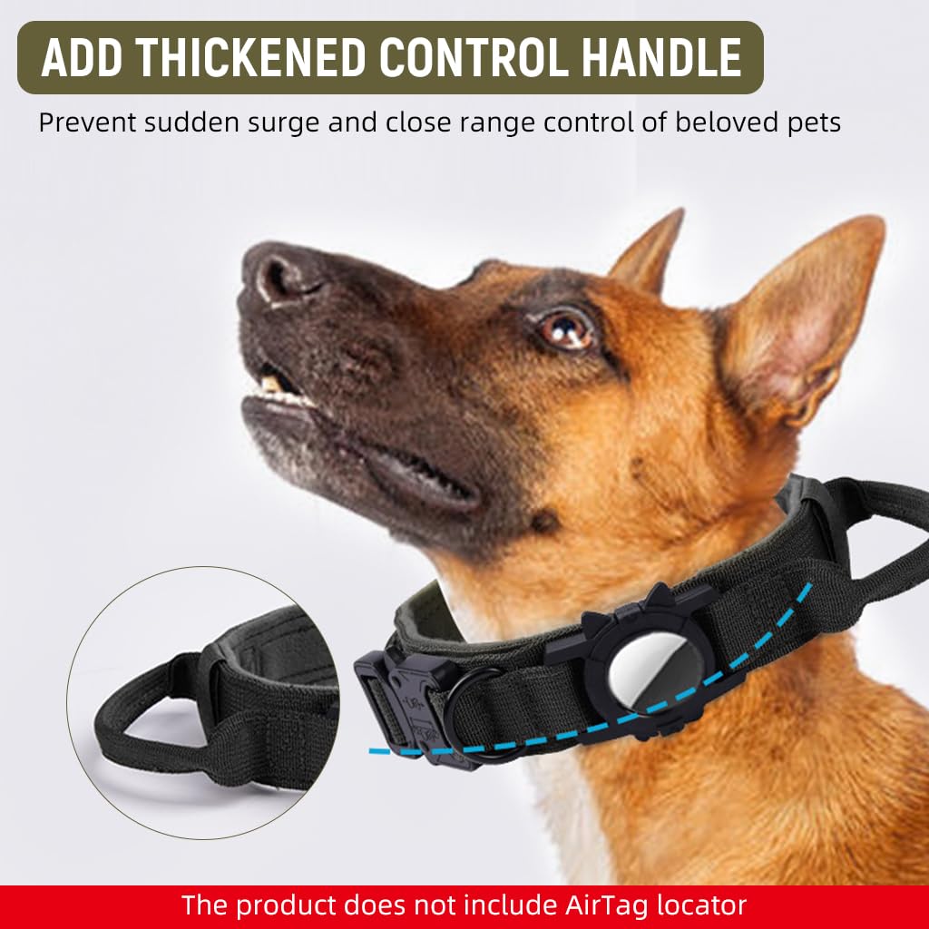 Qpets Tactical Dog Collar with AirTag Holder for Large Dogs 42‑52cm featuring Handle & D Ring