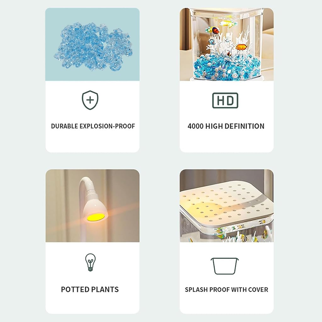 Qpets Betta Fish Tank for Desk and Countertop Use with Ventilated Roof and LED Light | Clear 11.7 x 13 x 14 cm PP Mini Aquarium