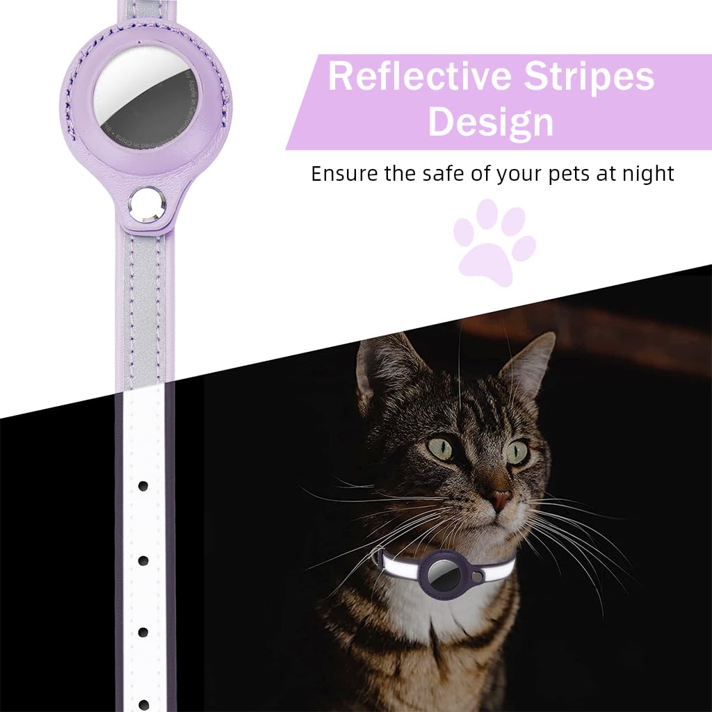 Qpets Airtag Compatible Cat Collar for 9.3–12 in Necks with Reflective Safety Design | Purple PU Adjustable Anti Lost Holder