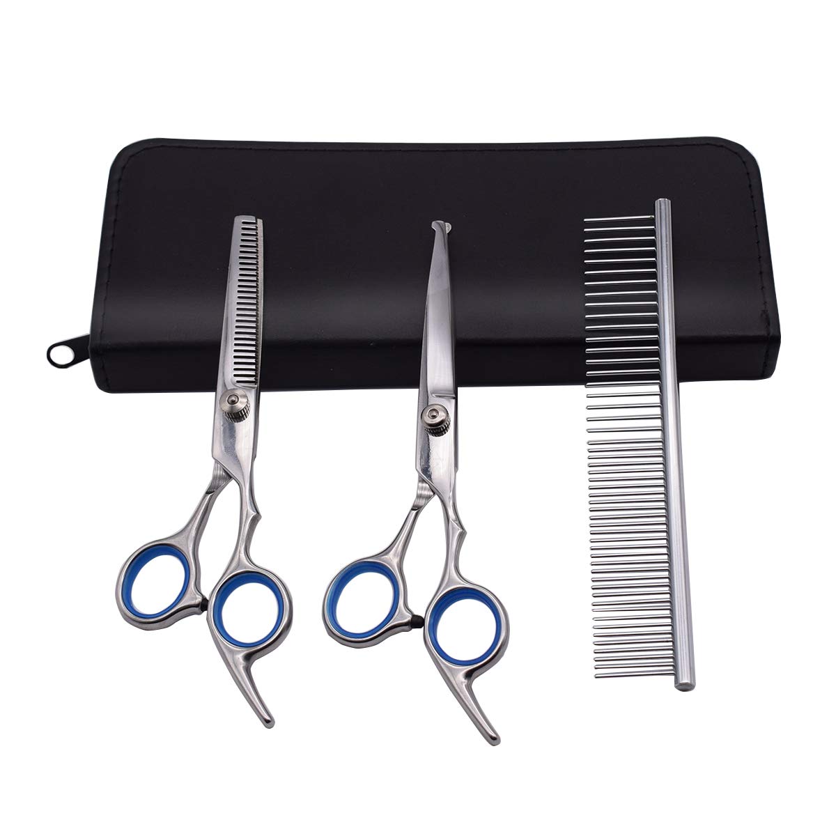 Qpets® Dog Grooming Scissors Kit with Safety Round Tips Stainless Steel Professional Dog Hair Cutting Scissors - Thinning, Straight, Curved Shears and Comb for Long Short Hair for Dog Cats(3 PCS)