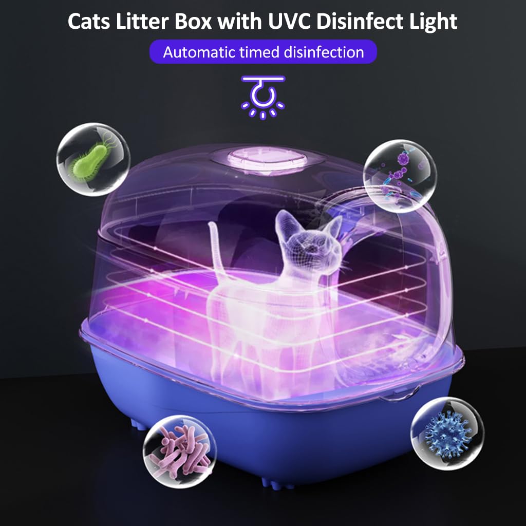 Cat Litter Box with UVC Disinfect Light Cats Litter Box Deodorization Box, Cat Litter Tray Auto Timing Disinfect, Large Splash-Proof Litter Box with Openable Lid, with Cat Litter Shovel