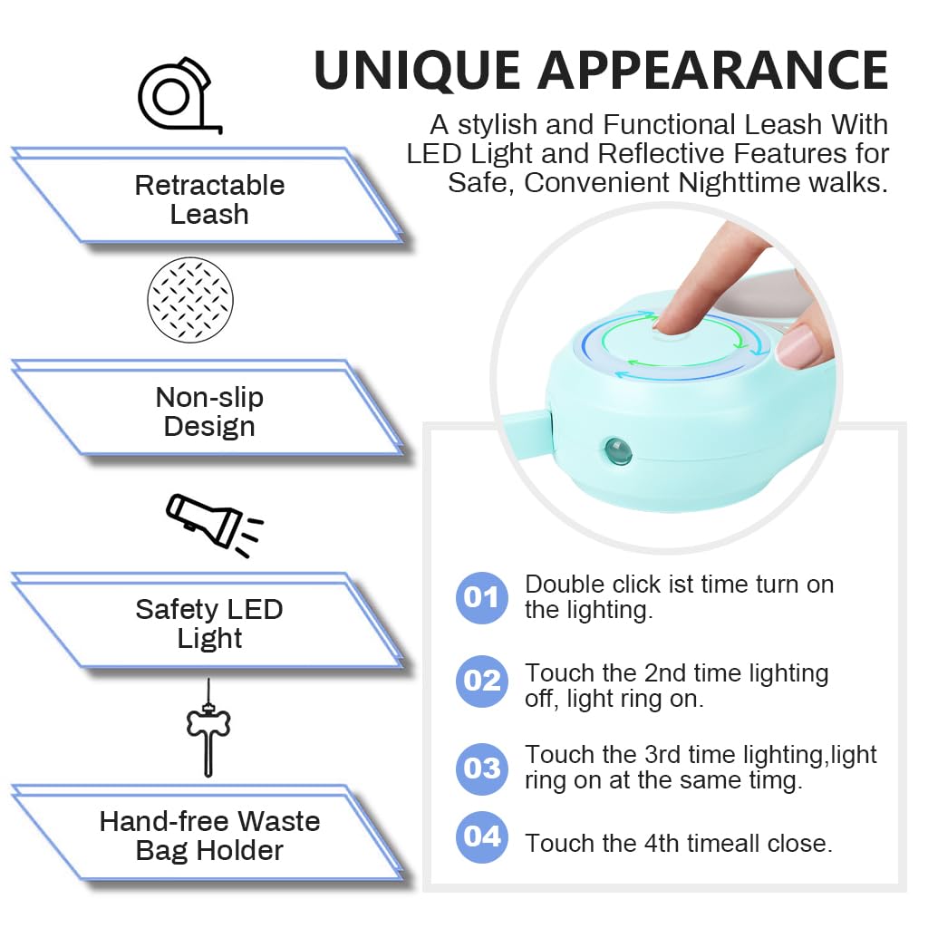 Qpets LED Retractable Dog Leash for Night Walks with 9.8 ft Tape and 360° Swivel Clasp | Green