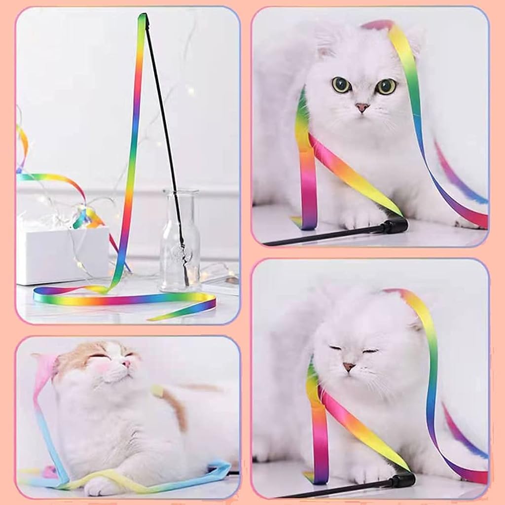 Qpets® Cat Rainbow Wand Toys & Collapsible Tunnel Combo, 2 Pcs Satin Teaser Wands + 2 Way Play Tube for Kittens, Adult Cats – Indoor Exercise, Training, Puzzle, Stress Relief, Hiding Game