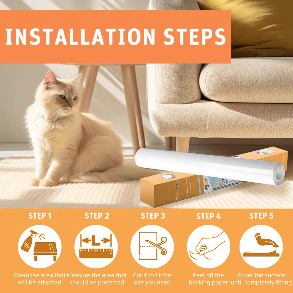 Qpets Cat Scratcher Tape for Furniture Protection with 0.12mm Thickness 45x300cm | Transparent Residue-Free Couch Shield