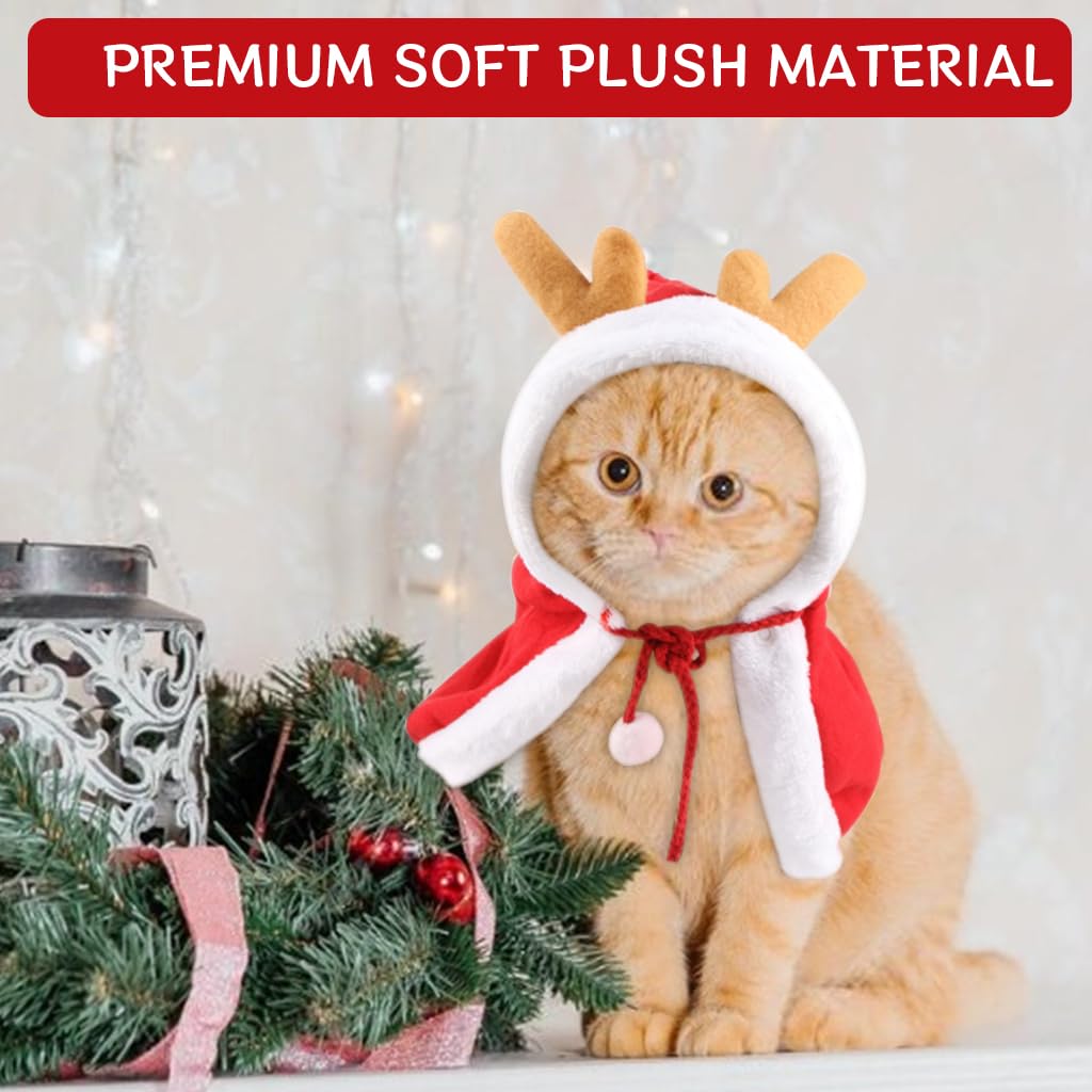 Qpets Christmas Cat Clothes for Parties with Adjustable Drawstring Hat and Soft Plush | Neck 37 cm