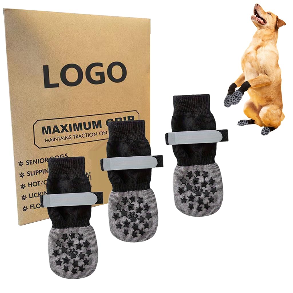Qpets Dog Socks for Paw Protection with Reflective Straps and Non Slip Grip | 4pcs Cotton Set 8cm Width 18cm Length