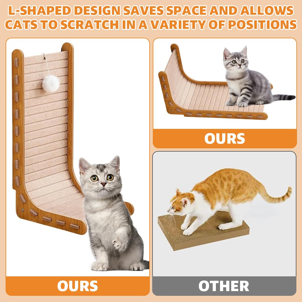 Qpets Cat Scratch Post for Furniture Protection with L Shaped Wooden Frame 30x33x60cm | Felt Surface and Plush Teasing Ball