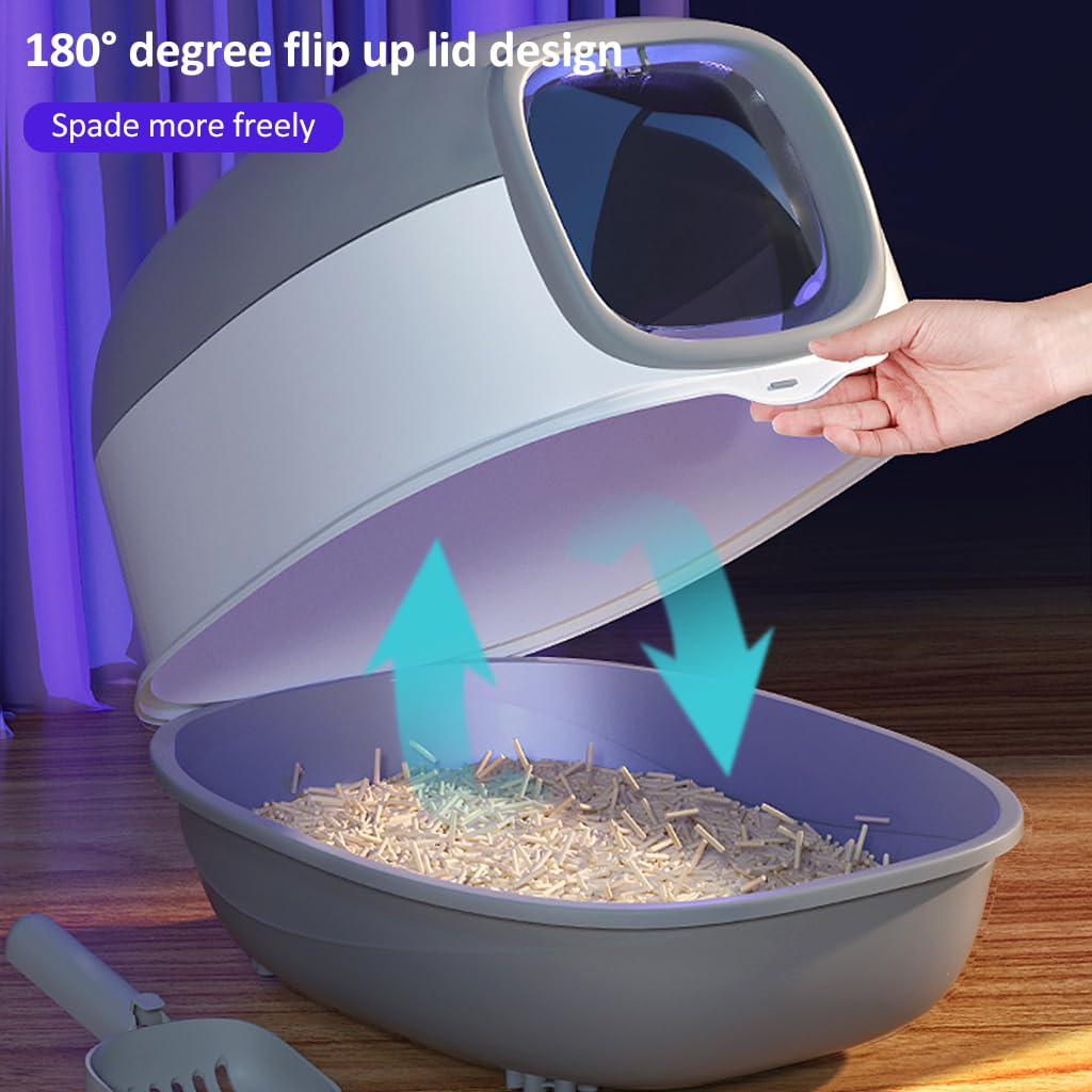 Cat Litter Box with UVC Disinfect Light Cats Litter Box Deodorization Box, Cat Litter Tray Auto Timing Disinfect, Large Splash-Proof Litter Box with Openable Lid, with Cat Litter Shovel