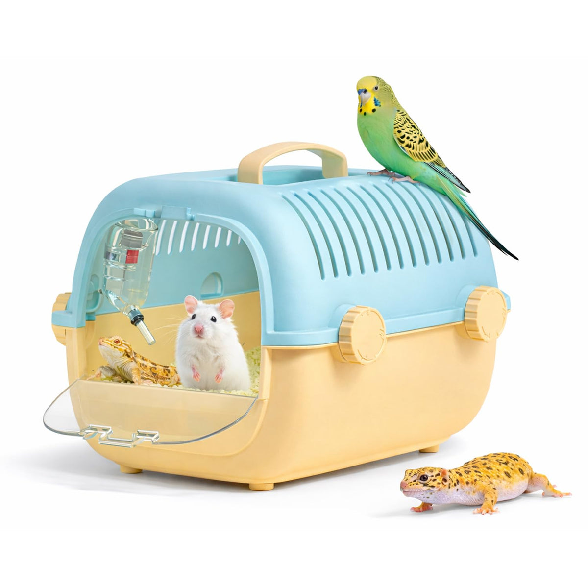 Qpets® Small Pet Carrier Cage for Birds, Hamsters & Small Animals, Portable Ventilated Travel Carrier with Transparent Door & Water Bottle, Lightweight PP Pet Transport Box