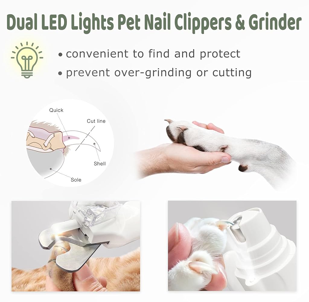 Qpets® Electric Automatic Pet Grooming Kit 2 In1 Dog Nail Grinder Clippers Cutter with LED Lights Rechargeable Low Noise Trimmer for Small Medium Large Dogs Cats 3PCS