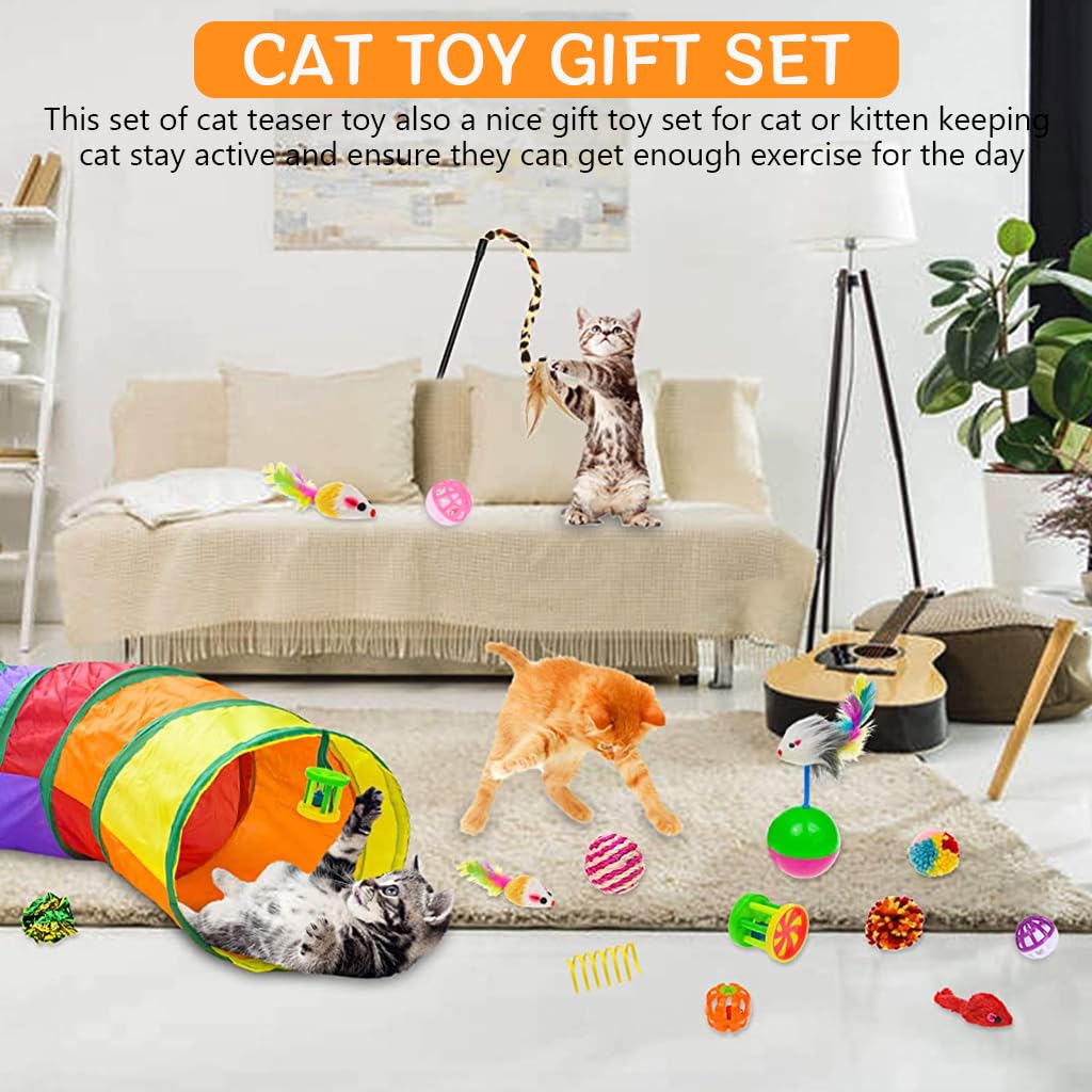 Qpets Cat Toy Set for Indoor Play with Tunnel and Teaser Wand | 20 pcs Non Toxic Toys