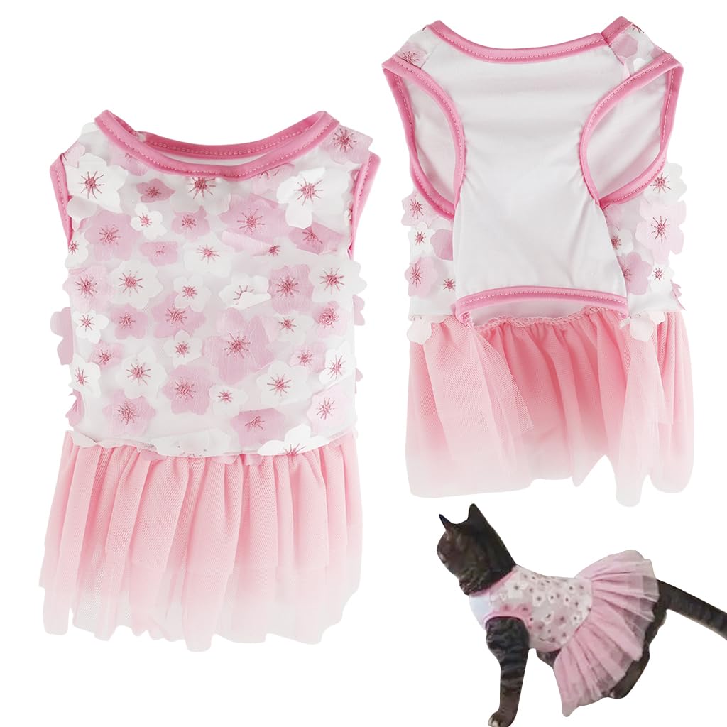 Qpets Dog Girl Dress for Small Breeds with Lace Skirt and Pink Flower Design | Chest 30cm