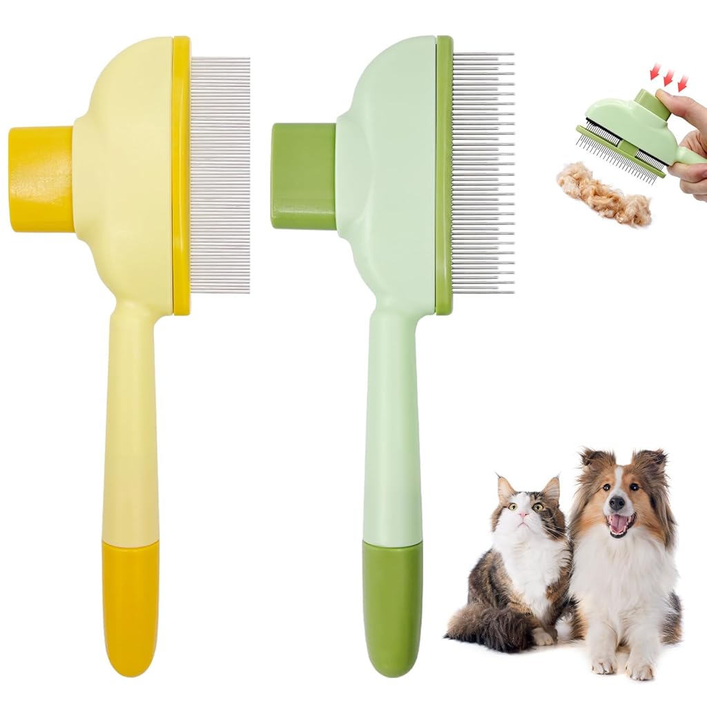 Qpets® BrandName Flea Comb for Cats & Dogs, Pet Hair Removal Brush with Self-Cleaning, Long & Short Stainless Steel Teeth, Dense Fine Lice Comb for Shedding, Massage & Healthy Grooming