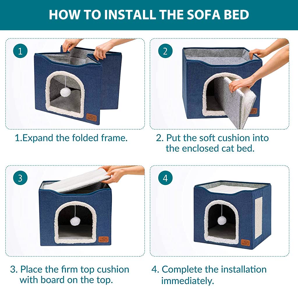 Qpets Cat Bed House for Large Cats featuring Double Layer Cave and Scratch Pad 16.5x16.5x14 in | Foldable Blue Hideaway with Fluffy Ball