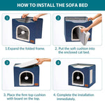 Qpets Cat House for All Seasons with Hanging Fluffy Ball and Scratch Pad, 16.5x16.5x14 in | Foldable Blue Cat Cave