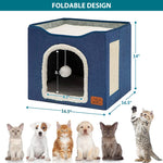 Qpets Cat Bed House for Large Cats featuring Double Layer Cave and Scratch Pad 16.5x16.5x14 in | Foldable Blue Hideaway with Fluffy Ball