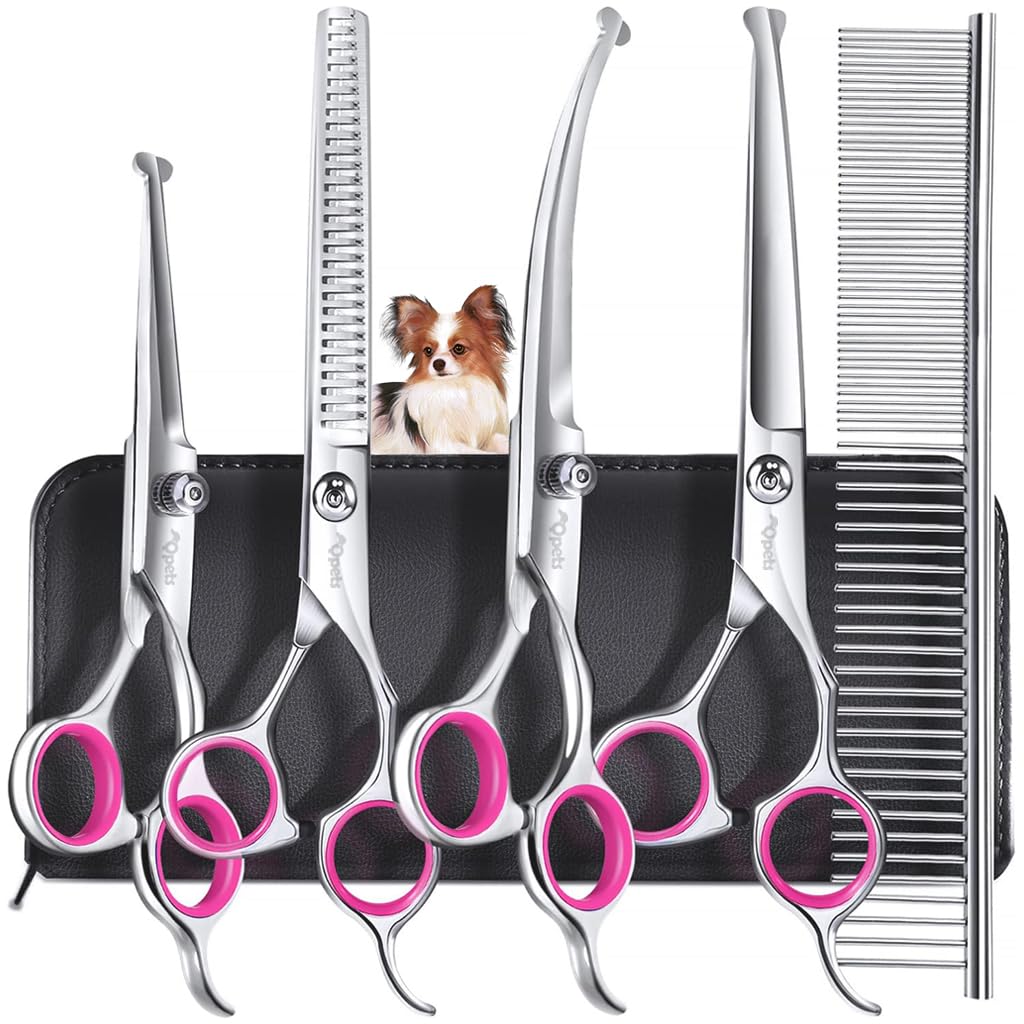 Qpets Dog Grooming Kit 5 Pack for Home Pet Care with 6in Stainless Scissors & Ergonomic Design
