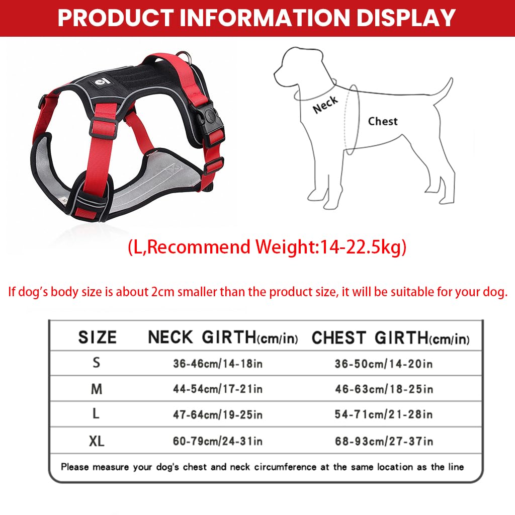 No Pull Dog Harness with Safety Reflective Strip Quick Release Buckle Adjustable Size Easy Control Handle for Small Medium Large Dog(Red,L, Recommended Weight: 14-22.5kg)