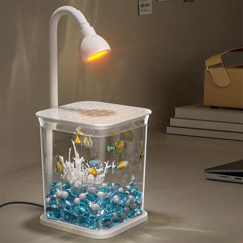 Qpets Betta Fish Tank for Desk and Countertop Use with Ventilated Roof and LED Light | Clear 11.7 x 13 x 14 cm PP Mini Aquarium