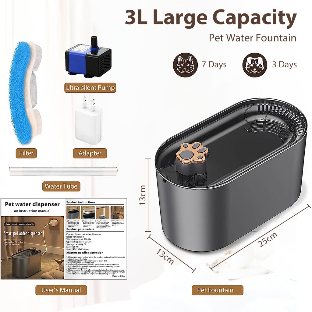 Qpets Cat Water Fountain with Triple Filtration and LED Indicator | 3L USB Ultra Quiet Dispenser