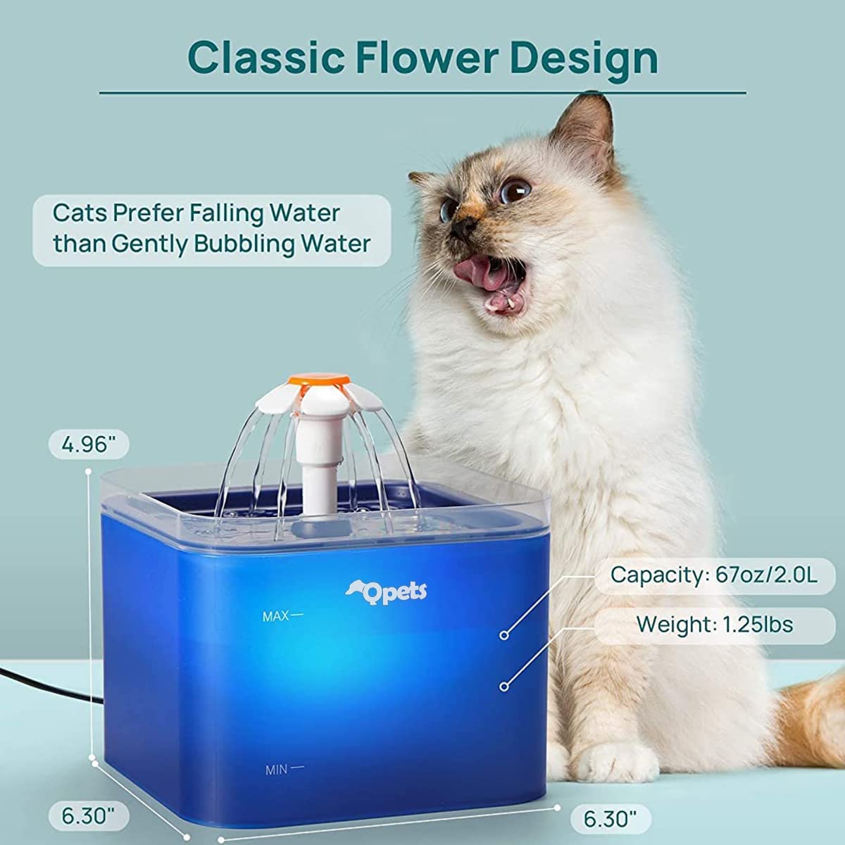 Qpets Cat Water Fountain 67oz 2.0L with LED Light featuring 3 Flow Modes and Quiet Pump