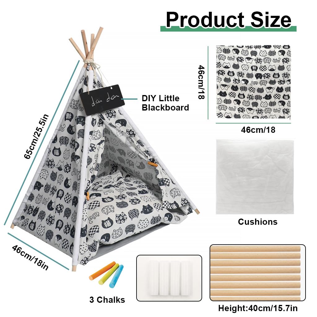 Qpets Cat House for Indoor Cats with 19.6×18.8×23.6 in Tent Frame and Pine Wood Poles | Black White