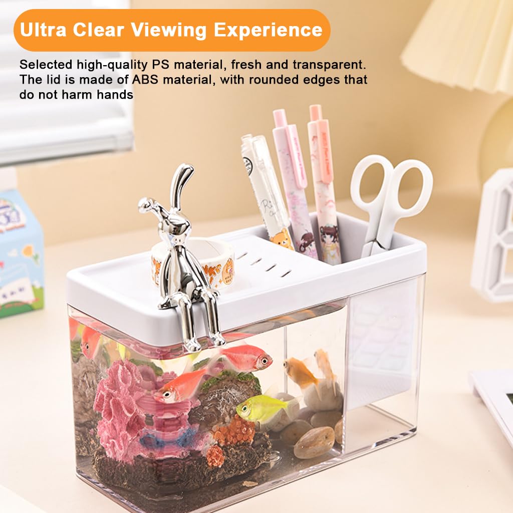 Qpets Compact Desk Betta Fish Tank for Home and Office Decor featuring Slotted Roof and Built in Storage 17.1x8x10.5cm