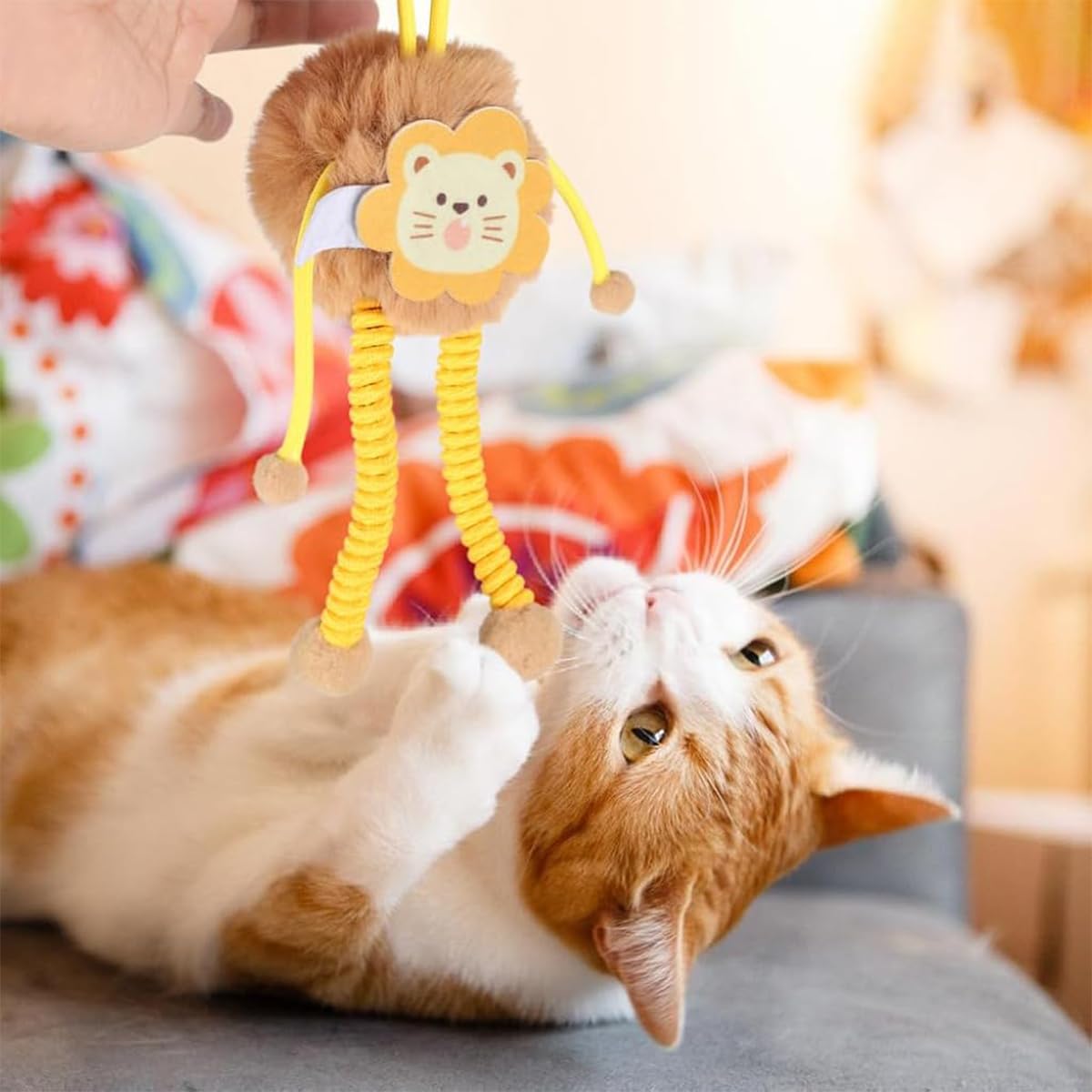 Qpets Cat Plush Toy for Indoor Playtime with Elastic Hanging Rope and Soft Lion Design