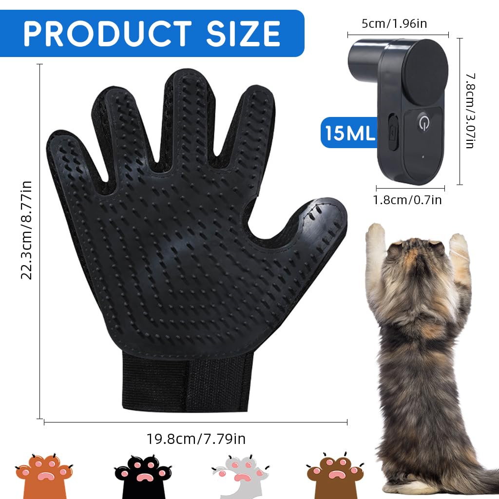 Qpets Pet Grooming Glove for Cats and Dogs with 15ml USB Rechargeable Mist Sprayer | Soft Silicone Bristles for Bathing and Shedding Control