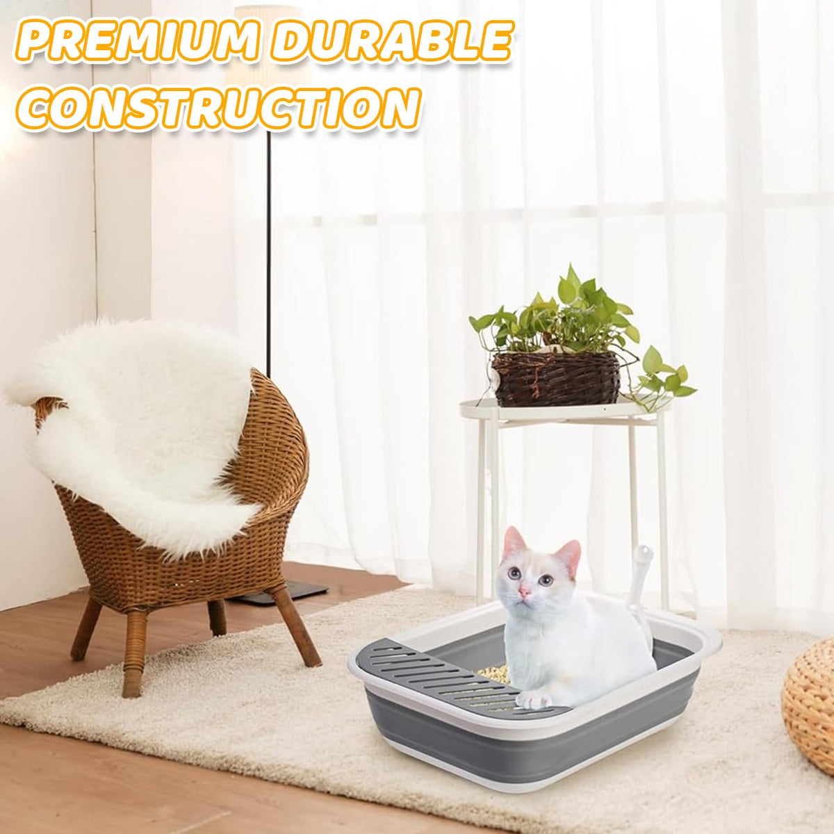 Qpets Collapsible Cat Litter Box for Travel with 45x34x12.5cm Foldable Design | ABS+TPR Build and Anti-Tip Guard